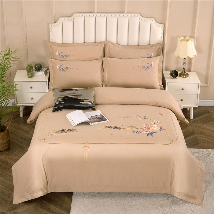 浩情国际婚庆供货中心 2026新款新中式风100支全棉高端刺绣四件套 香山密影-卡其杏