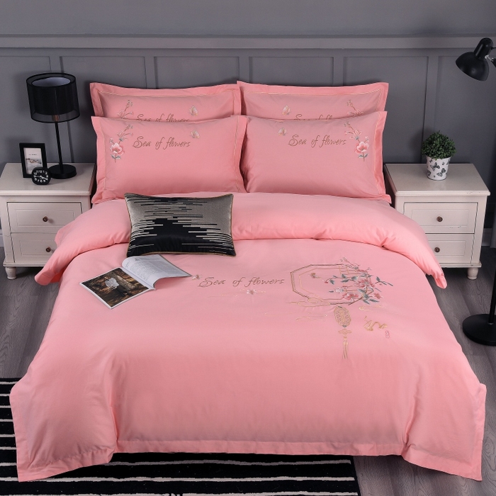 浩情国际婚庆供货中心 2026新款新中式风100支全棉高端刺绣四件套 江南人家-粉玉