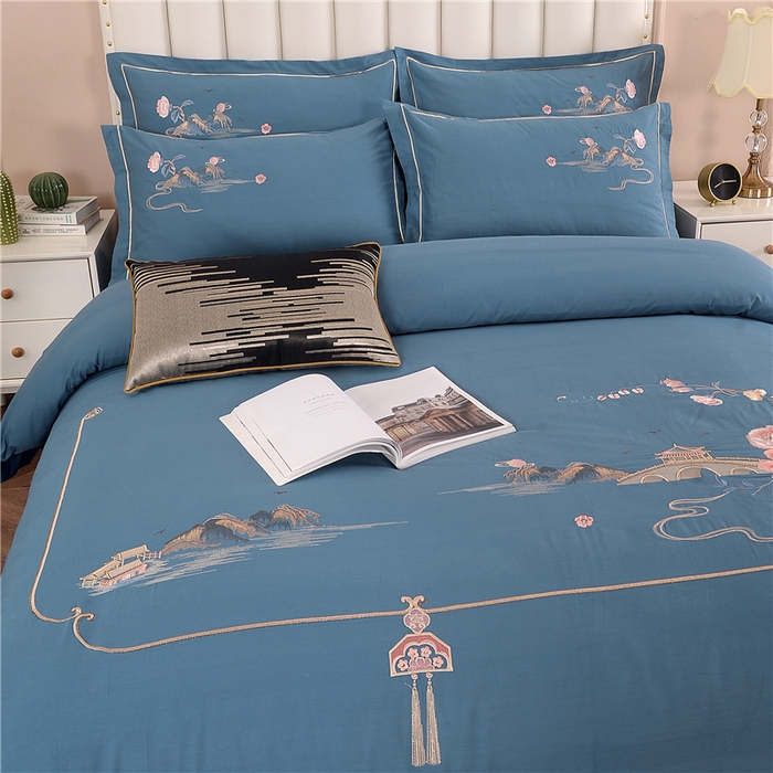 91家纺网 家纺一手货源 找家纺 浩情国际婚庆供货中心 2026新款新中式风100支全棉高端刺绣四件套 香山密影-宾利兰