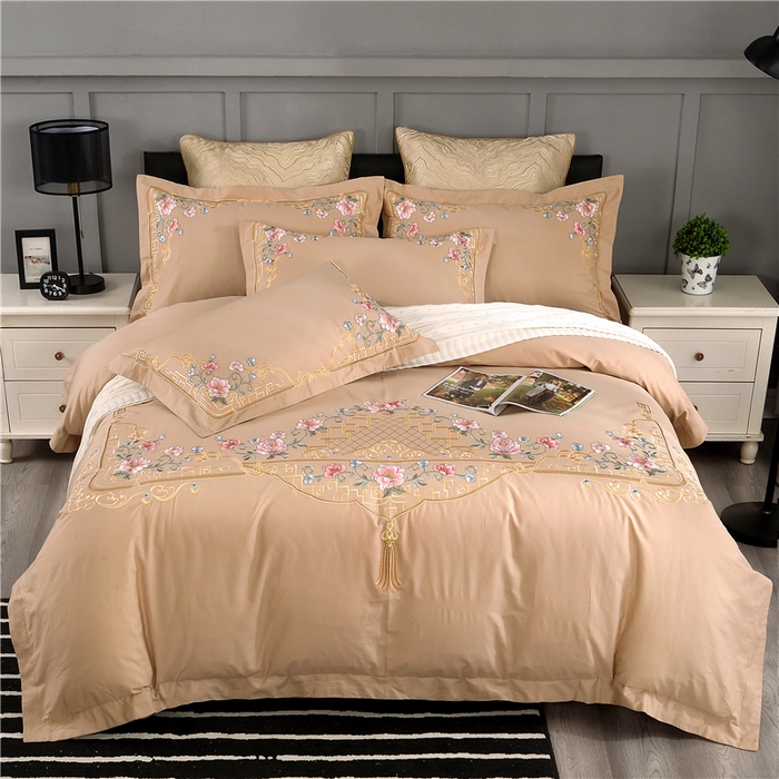 浩情国际婚庆供货中心 2026新款新中式风100支全棉高端刺绣四件套 花间细雨-卡其杏