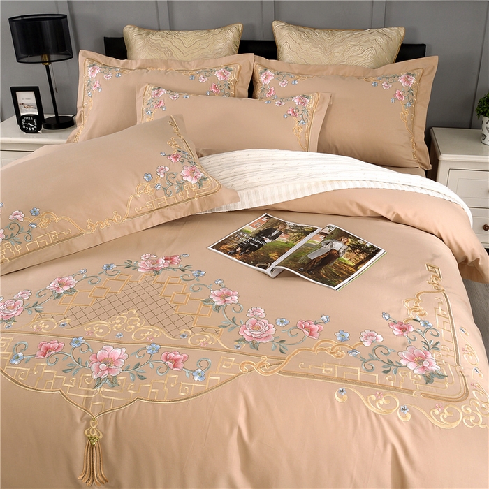 91家纺网 家纺一手货源 找家纺 浩情国际婚庆供货中心 2026新款新中式风100支全棉高端刺绣四件套 花间细雨-卡其杏