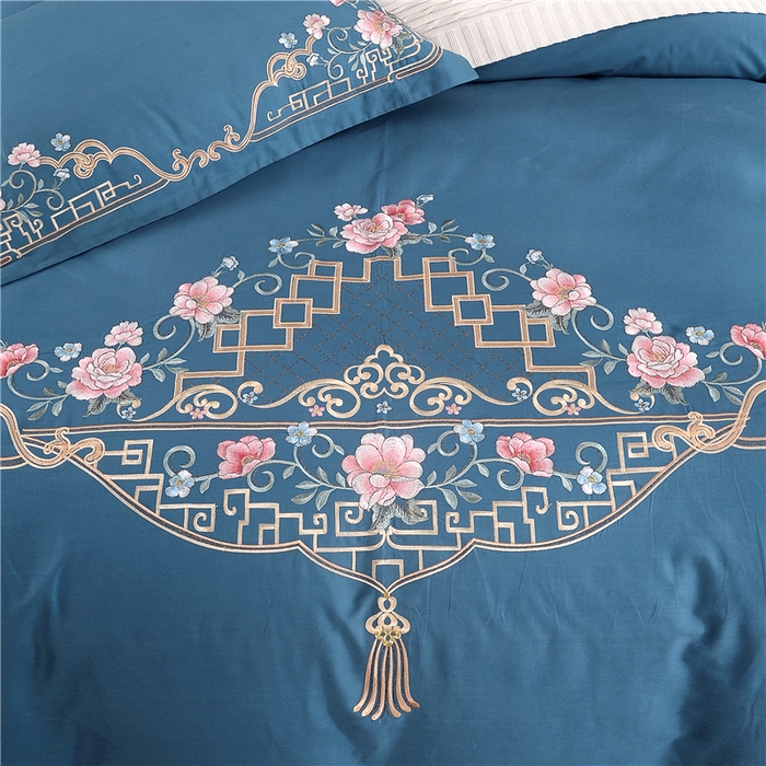 91家纺网 家纺一手货源 找家纺 浩情国际婚庆供货中心 2026新款新中式风100支全棉高端刺绣四件套 花间细雨-宾利兰