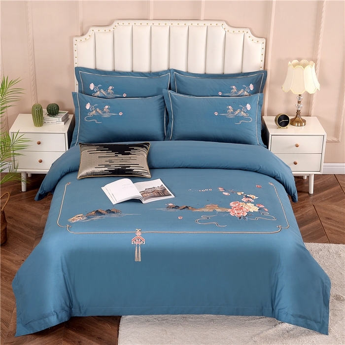 浩情国际婚庆供货中心 2026新款新中式风100支全棉高端刺绣四件套 香山密影-宾利兰