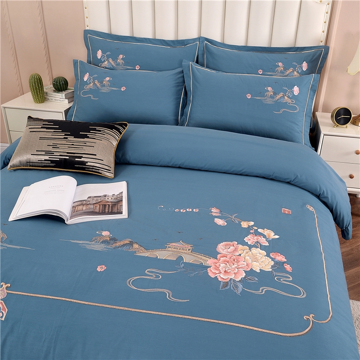 91家纺网 家纺一手货源 找家纺 浩情国际婚庆供货中心 2026新款新中式风100支全棉高端刺绣四件套 香山密影-宾利兰