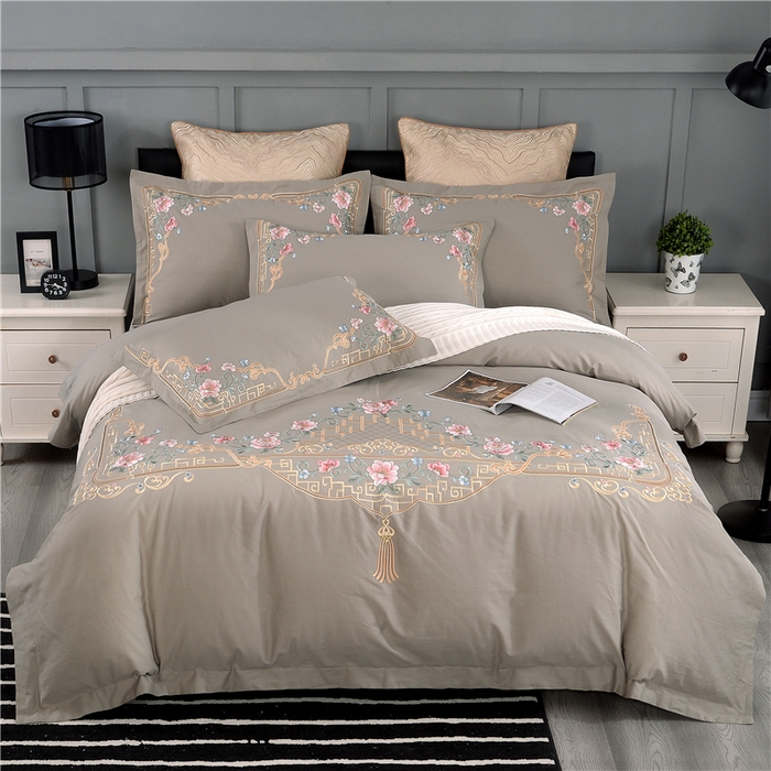 浩情国际婚庆供货中心 2026新款新中式风100支全棉高端刺绣四件套 花间细雨-优雅灰