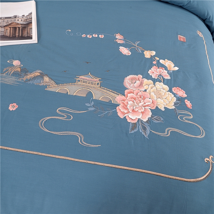 91家纺网 家纺一手货源 找家纺 浩情国际婚庆供货中心 2026新款新中式风100支全棉高端刺绣四件套 香山密影-宾利兰