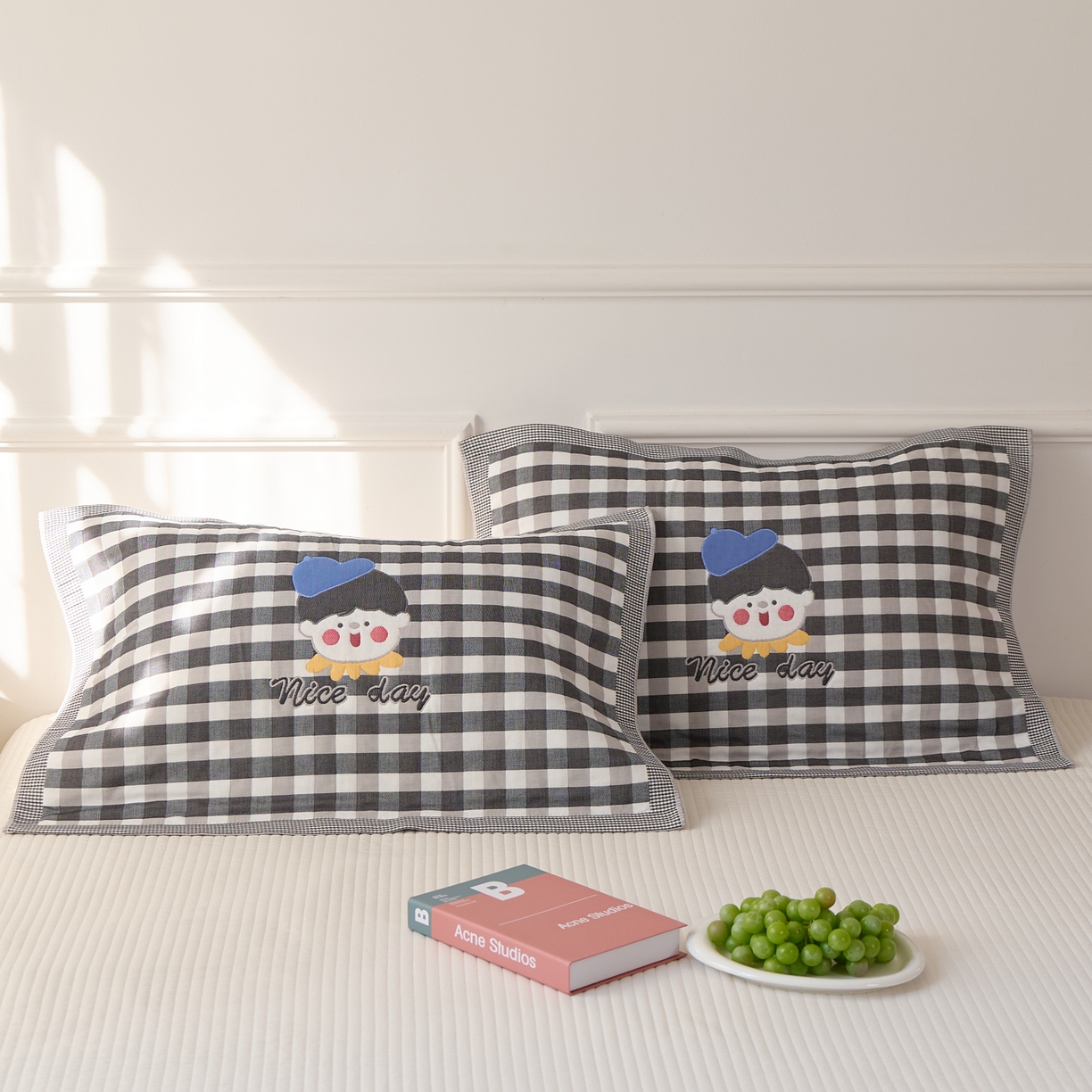 91家纺网 家纺一手货源 找家纺 （总）沐瑟家纺 2026新款全棉纯棉八层枕巾-卡通格子