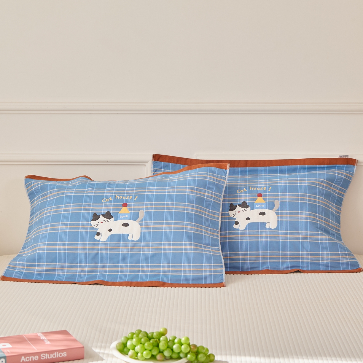 沐瑟家纺 2026新款全棉纯棉八层枕巾-卡通格子 房子猫 52x78cm枕巾一只