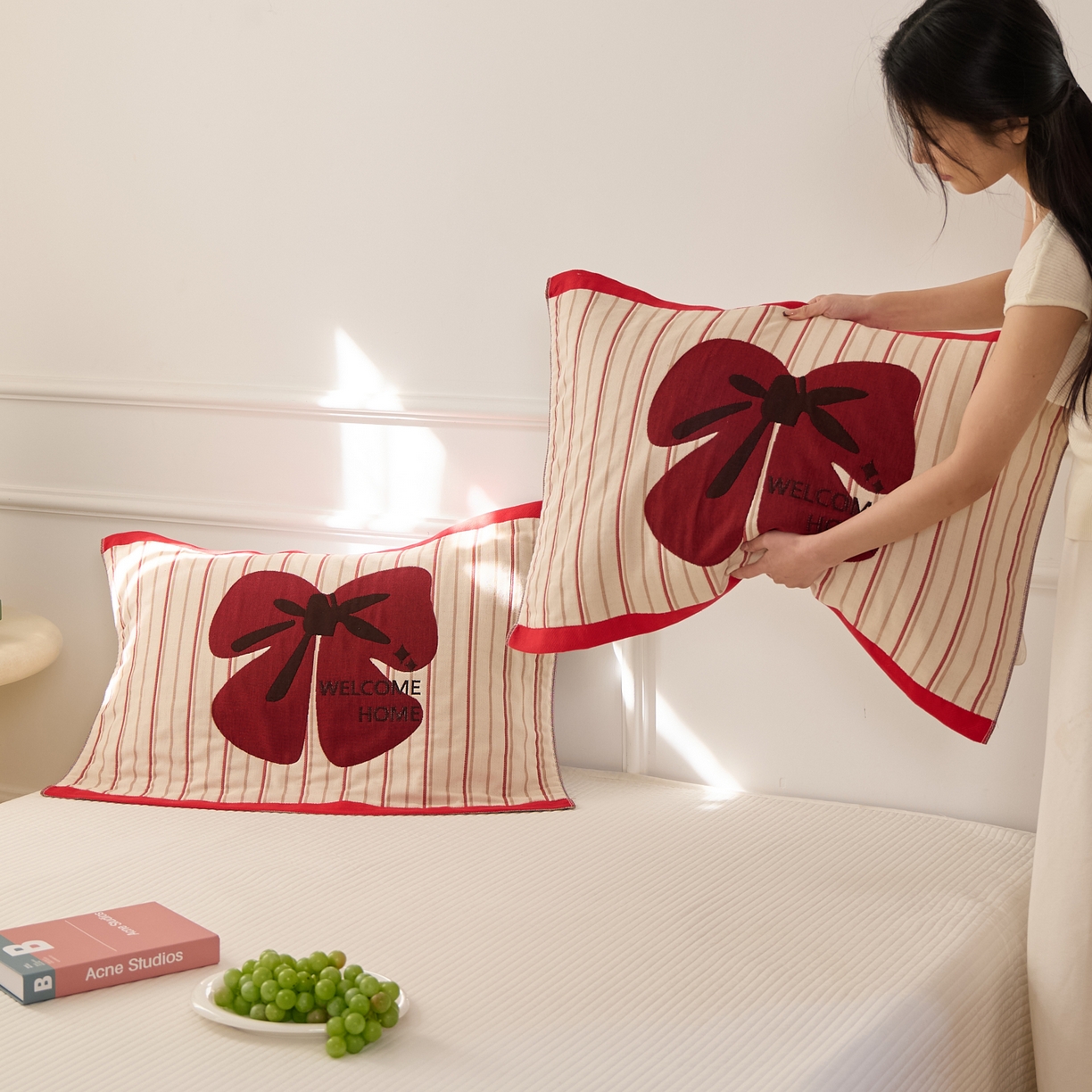 91家纺网 家纺一手货源 找家纺 沐瑟家纺 2026新款全棉纯棉八层枕巾-卡通格子 蝴蝶结 52x78cm枕巾一对