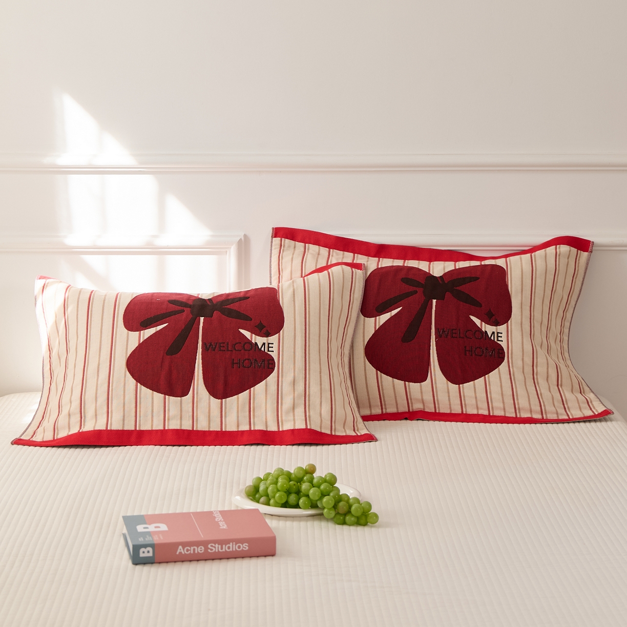 沐瑟家纺 2026新款全棉纯棉八层枕巾-卡通格子 蝴蝶结 52x78cm枕巾一对