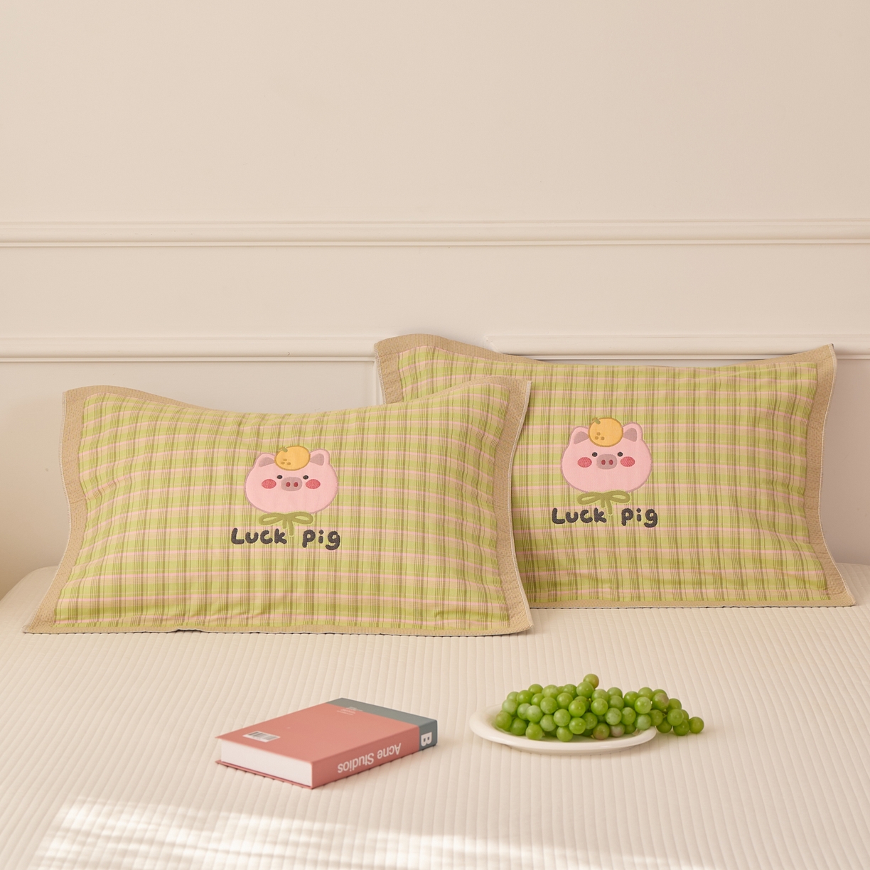 沐瑟家纺 2026新款全棉纯棉八层枕巾-卡通格子 橙小猪 52x78cm枕巾一只