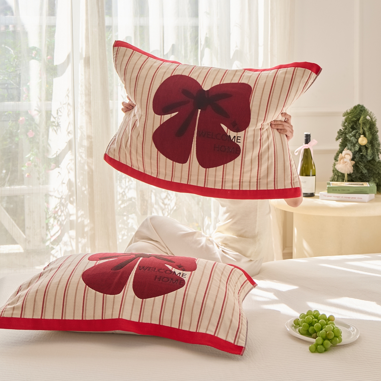 91家纺网 家纺一手货源 找家纺 沐瑟家纺 2026新款全棉纯棉八层枕巾-卡通格子 蝴蝶结 52x78cm枕巾一对