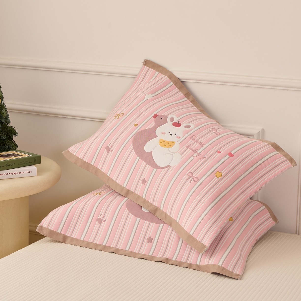 91家纺网 家纺一手货源 找家纺 沐瑟家纺 2026新款全棉纯棉八层枕巾-卡通格子 兔子鸭子 52x78cm枕巾一只