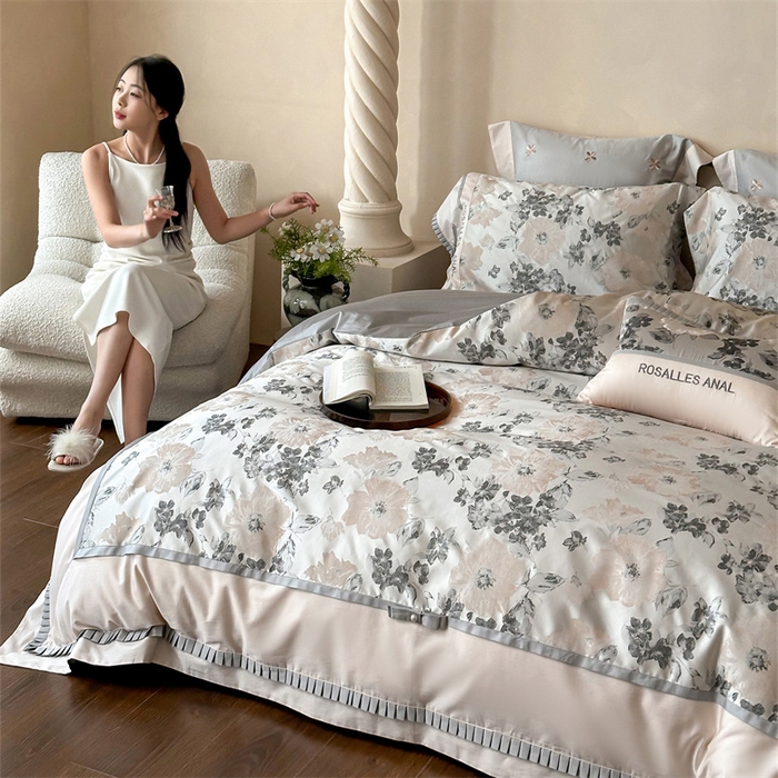 91家纺网 家纺一手货源 找家纺 红番天婚庆 2025新款高精密金丝提花四件套--仲夏之梦系列 仲夏之梦-月魄灰