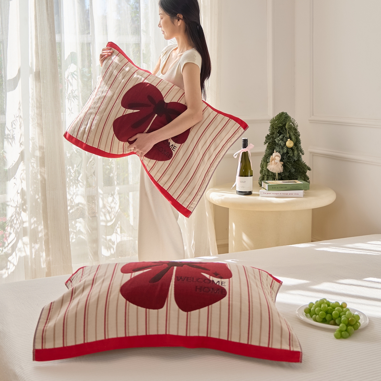 91家纺网 家纺一手货源 找家纺 沐瑟家纺 2026新款全棉纯棉八层枕巾-卡通格子 蝴蝶结 52x78cm枕巾一对