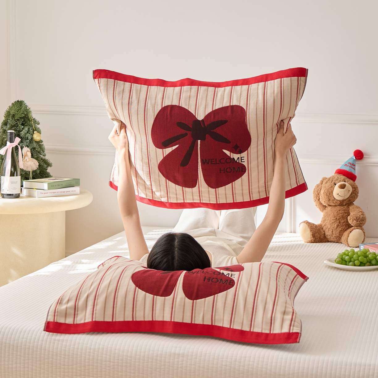 91家纺网 家纺一手货源 找家纺 沐瑟家纺 2026新款全棉纯棉八层枕巾-卡通格子 蝴蝶结 52x78cm枕巾一只