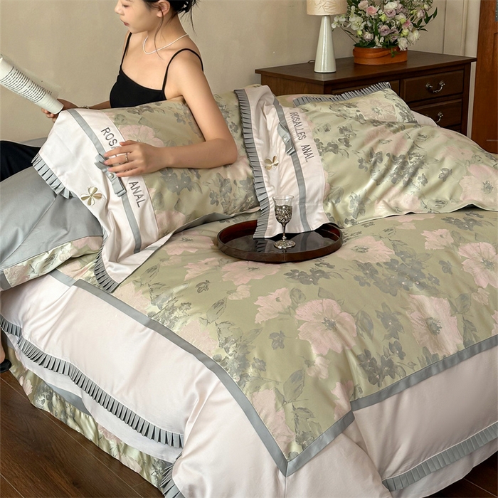 91家纺网 家纺一手货源 找家纺 红番天婚庆 2025新款高精密金丝提花四件套--仲夏之梦系列 仲夏之梦-欧碧绿