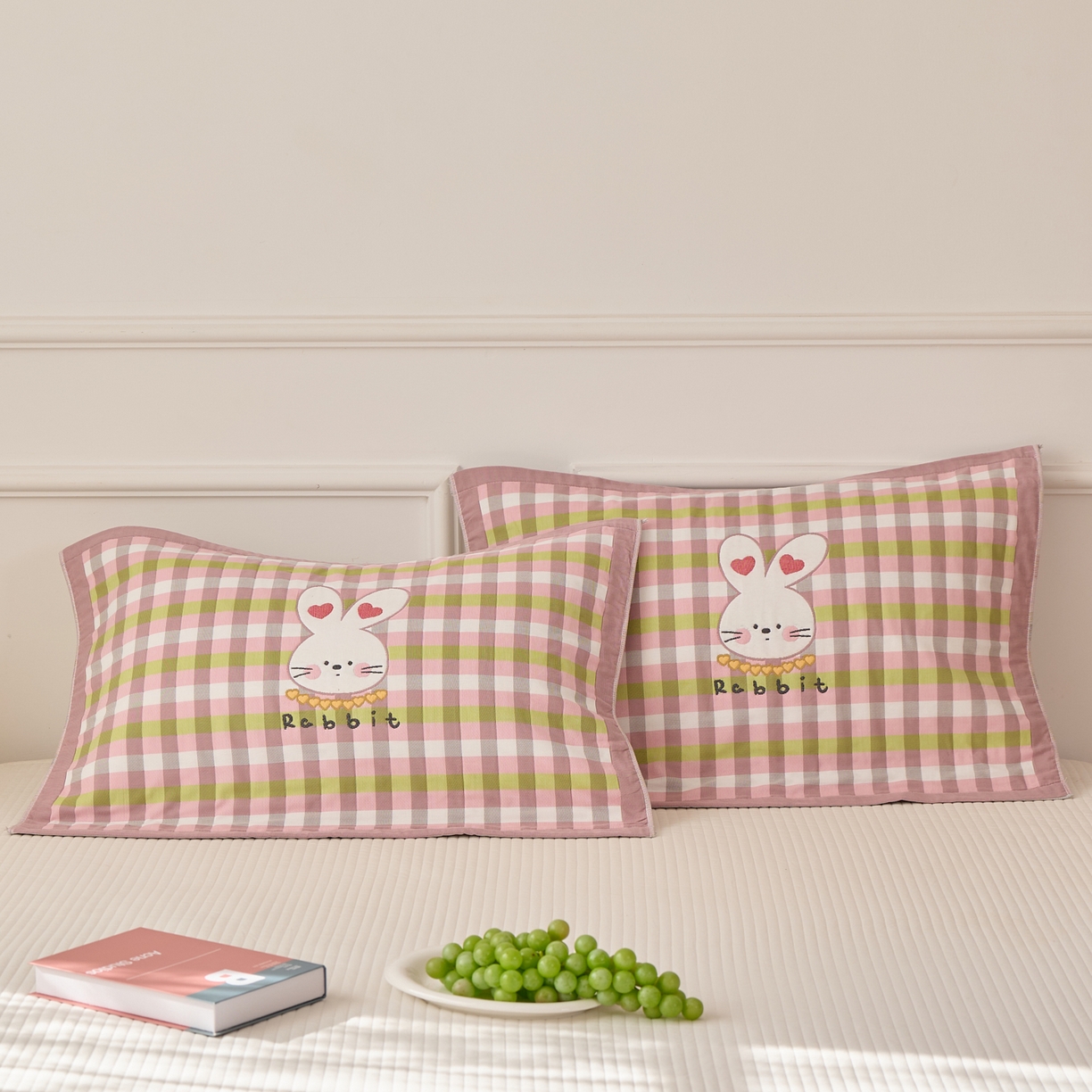 沐瑟家纺 2026新款全棉纯棉八层枕巾-卡通格子 爱心兔 52x78cm枕巾一只