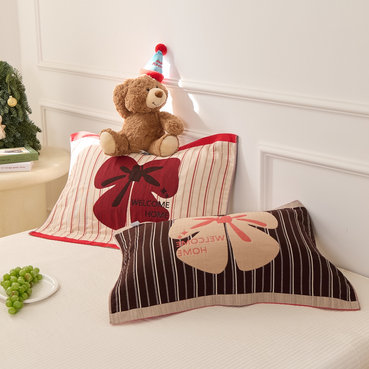 91家纺网 家纺一手货源 找家纺 沐瑟家纺 2026新款全棉纯棉八层枕巾-卡通格子 蝴蝶结 52x78cm枕巾一对