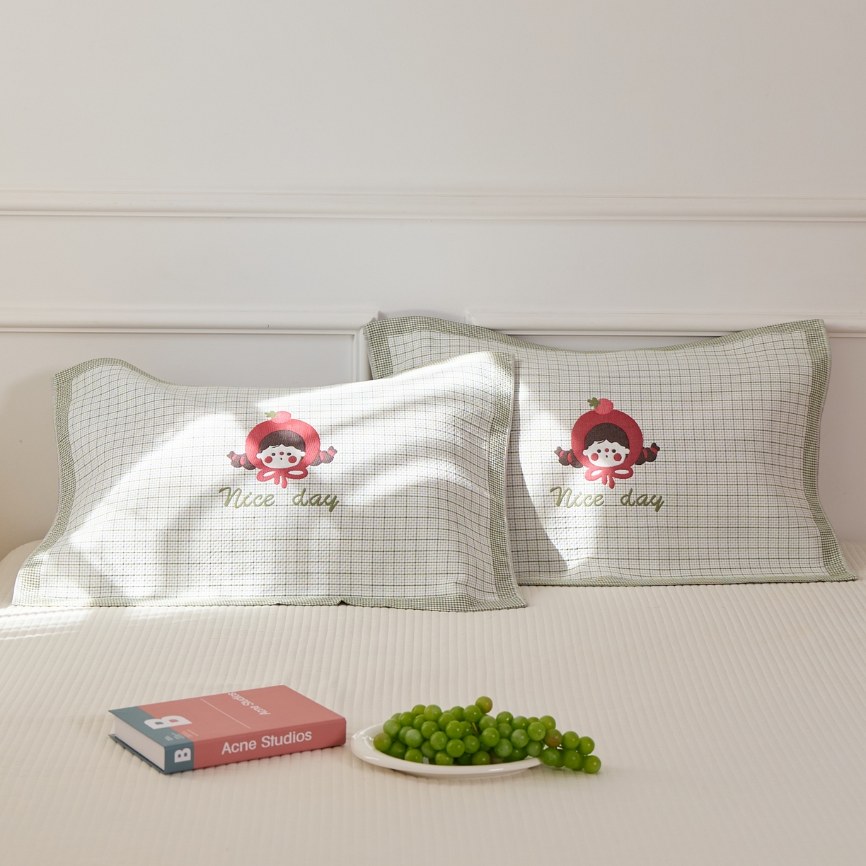 沐瑟家纺 2026新款全棉纯棉八层枕巾-卡通格子 番茄女孩 52x78cm枕巾一只