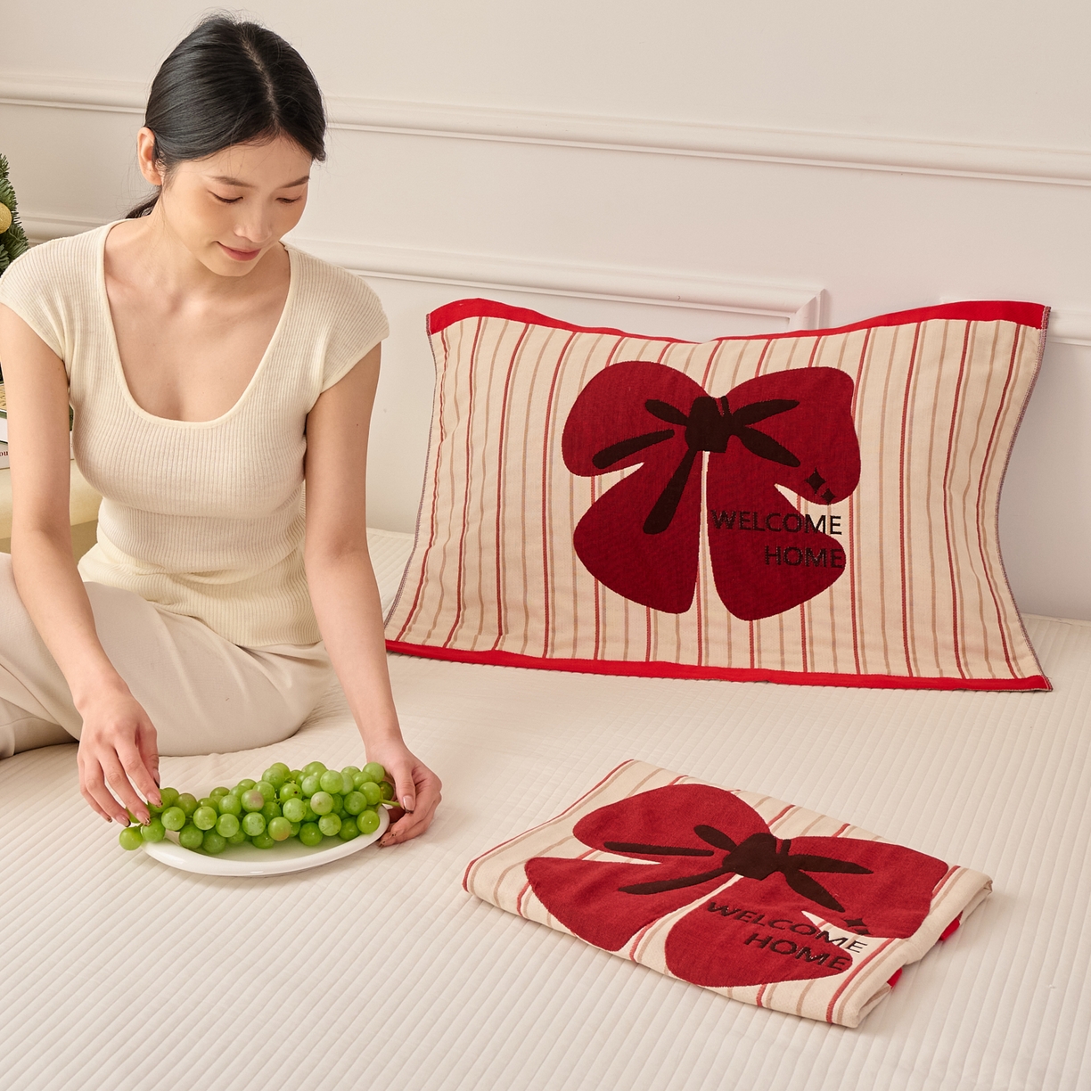 91家纺网 家纺一手货源 找家纺 沐瑟家纺 2026新款全棉纯棉八层枕巾-卡通格子 蝴蝶结 52x78cm枕巾一对