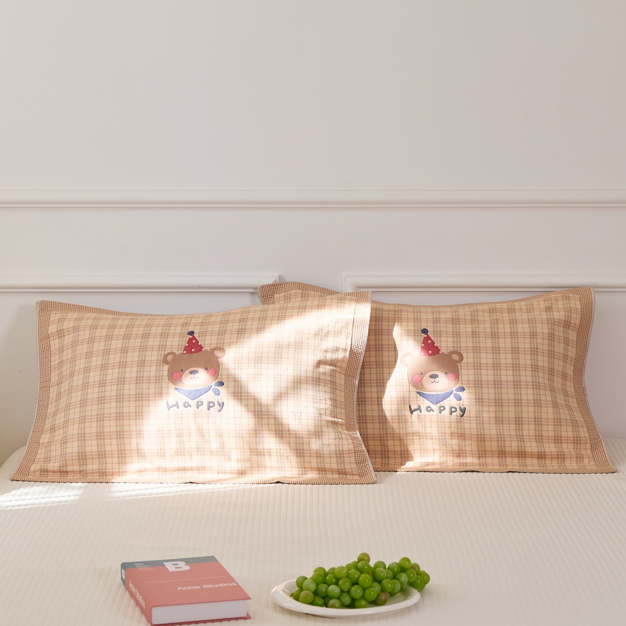 沐瑟家纺 2026新款全棉纯棉八层枕巾-卡通格子 圣诞熊 52x78cm枕巾一对
