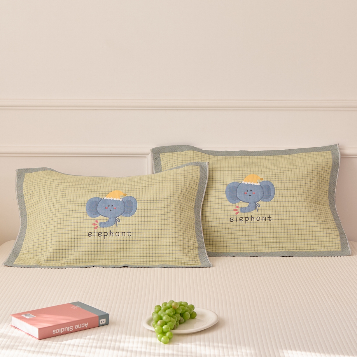 沐瑟家纺 2026新款全棉纯棉八层枕巾-卡通格子 水滴象 52x78cm枕巾一对