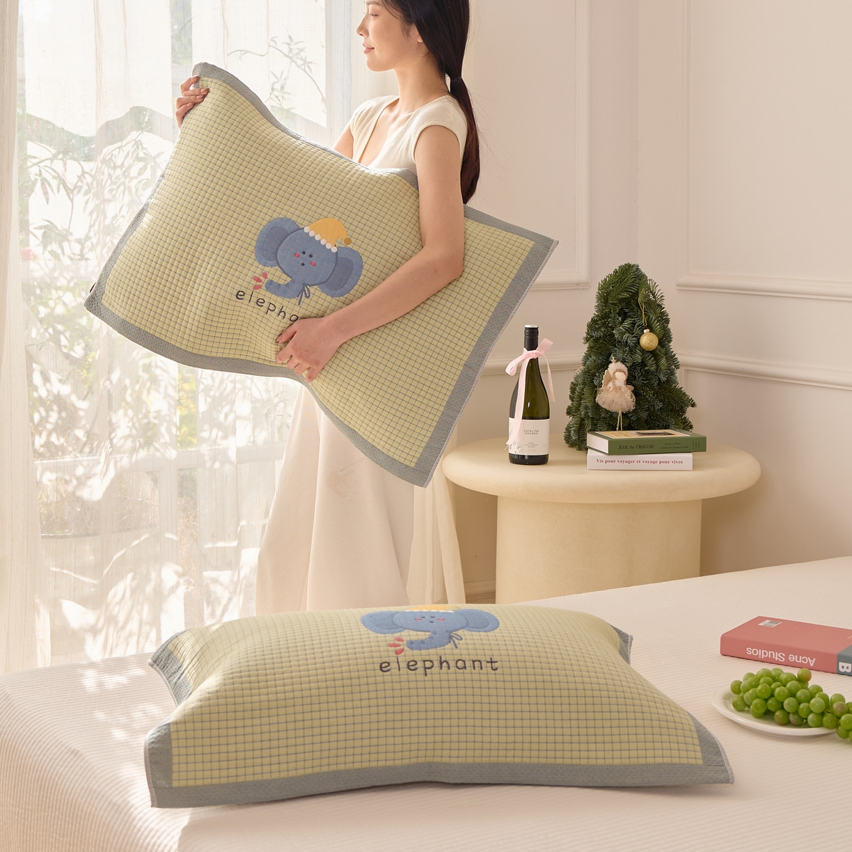 91家纺网 家纺一手货源 找家纺 沐瑟家纺 2026新款全棉纯棉八层枕巾-卡通格子 水滴象 52x78cm枕巾一只