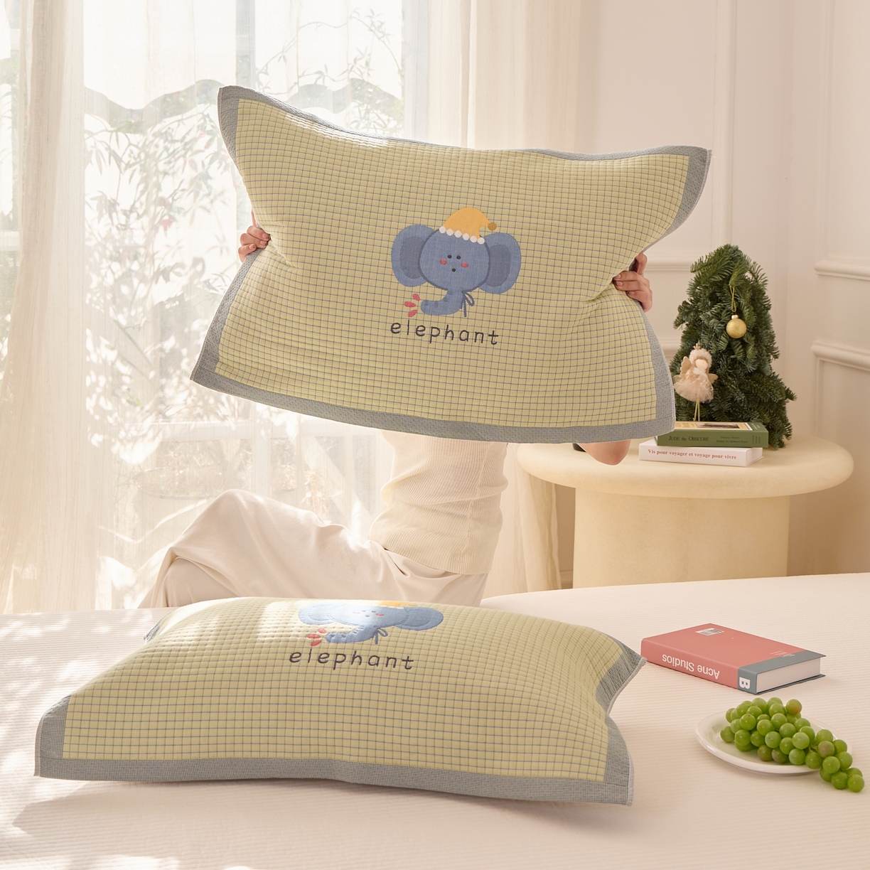 91家纺网 家纺一手货源 找家纺 沐瑟家纺 2026新款全棉纯棉八层枕巾-卡通格子 水滴象 52x78cm枕巾一只