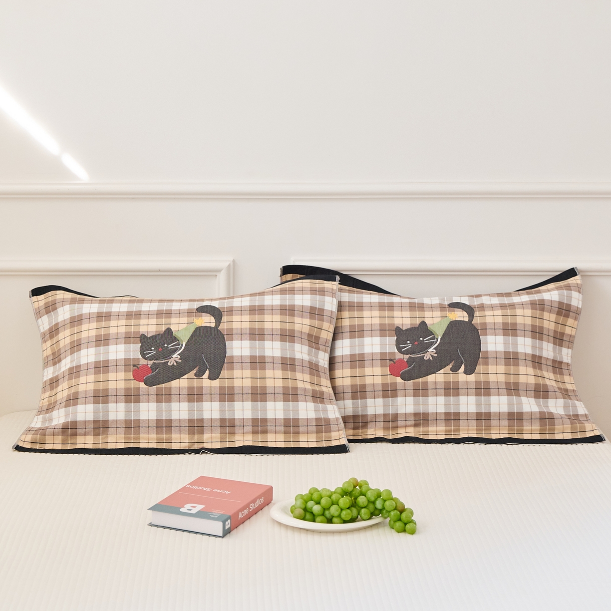 沐瑟家纺 2026新款全棉纯棉八层枕巾-卡通格子 给予猫 52x78cm枕巾一只