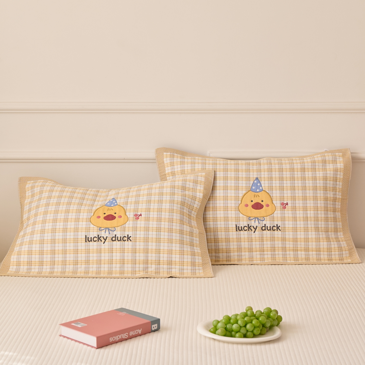 沐瑟家纺 2026新款全棉纯棉八层枕巾-卡通格子 橙小鸭 52x78cm枕巾一只