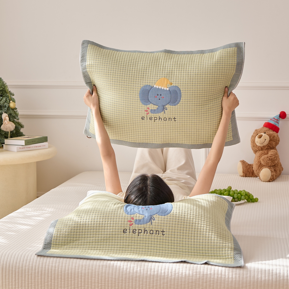 91家纺网 家纺一手货源 找家纺 沐瑟家纺 2026新款全棉纯棉八层枕巾-卡通格子 水滴象 52x78cm枕巾一只