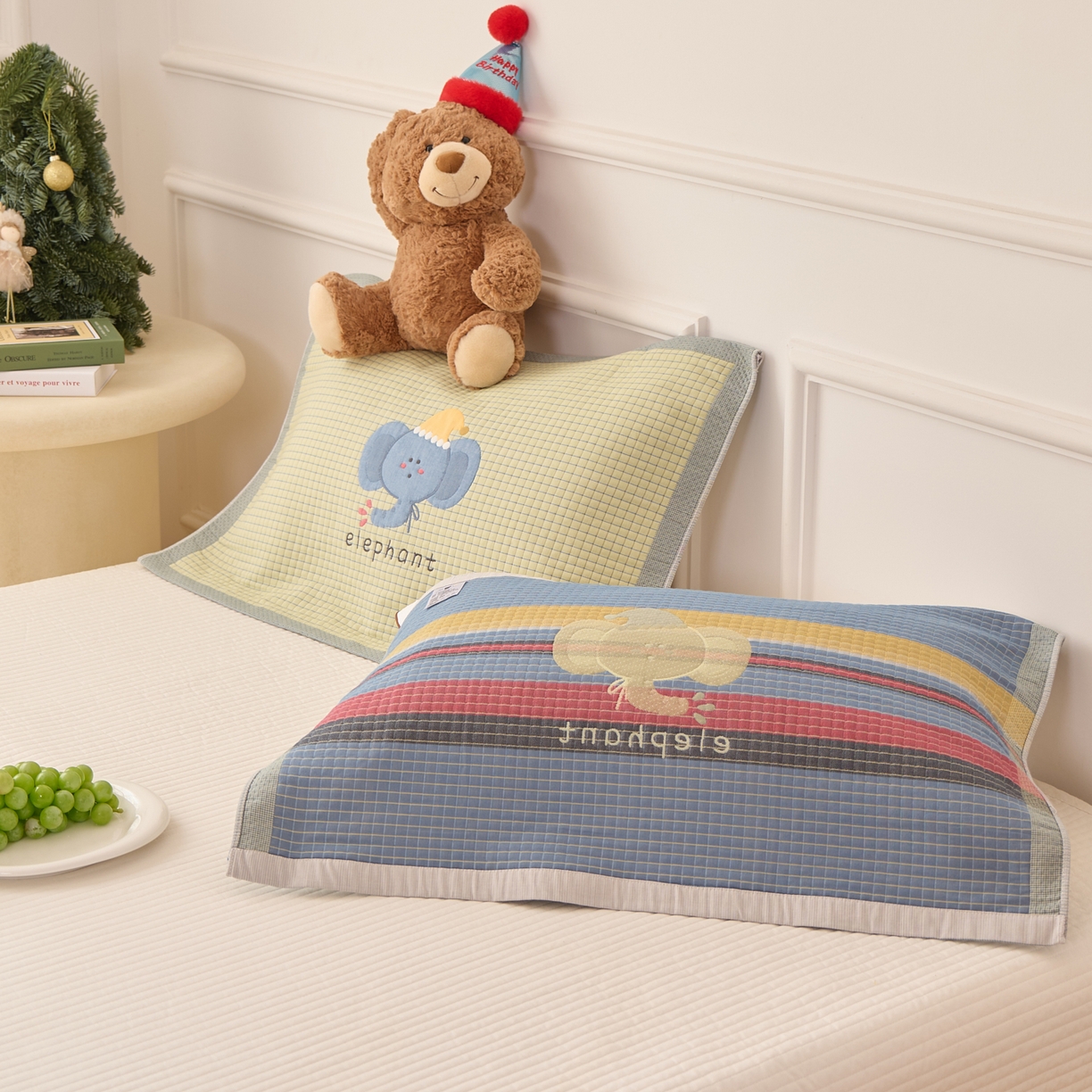 91家纺网 家纺一手货源 找家纺 沐瑟家纺 2026新款全棉纯棉八层枕巾-卡通格子 水滴象 52x78cm枕巾一只