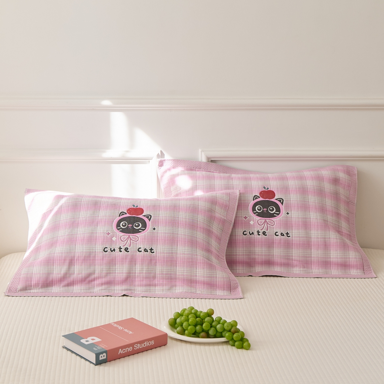 沐瑟家纺 2026新款全棉纯棉八层枕巾-卡通格子 苹果猫 52x78cm枕巾一对