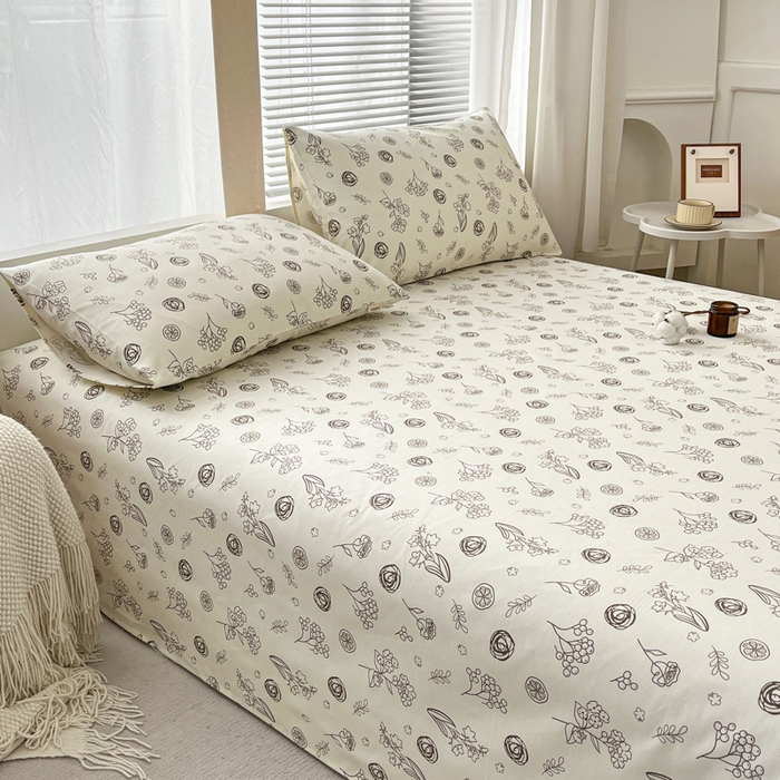 91家纺网 家纺一手货源 找家纺 咏绒家纺工厂店 2025新款100全棉纯棉老粗布花卉系列无印系列单品床单三件套【有版权】 花样爱情-咖