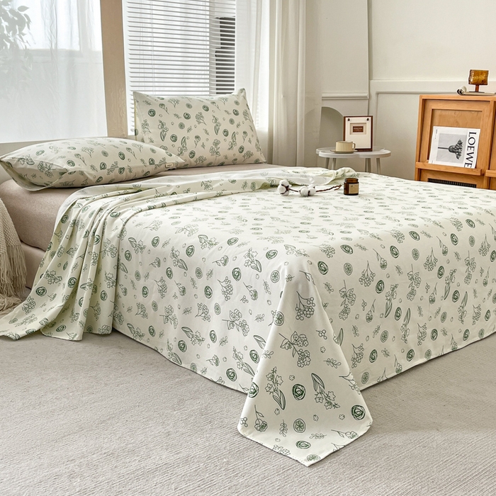 91家纺网 家纺一手货源 找家纺 咏绒家纺工厂店 2025新款100全棉纯棉老粗布花卉系列无印系列单品床单三件套【有版权】 花样爱情-绿