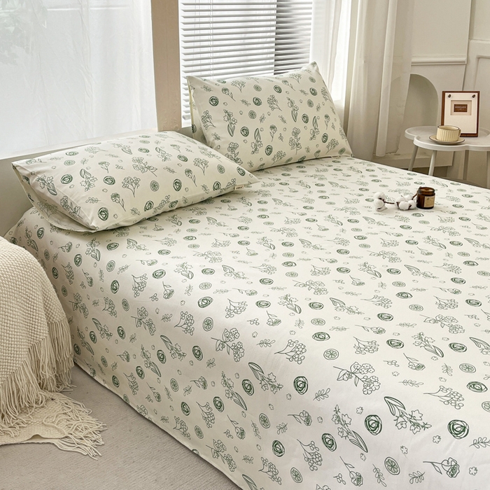 91家纺网 家纺一手货源 找家纺 咏绒家纺工厂店 2025新款100全棉纯棉老粗布花卉系列无印系列单品床单三件套【有版权】 花样爱情-绿