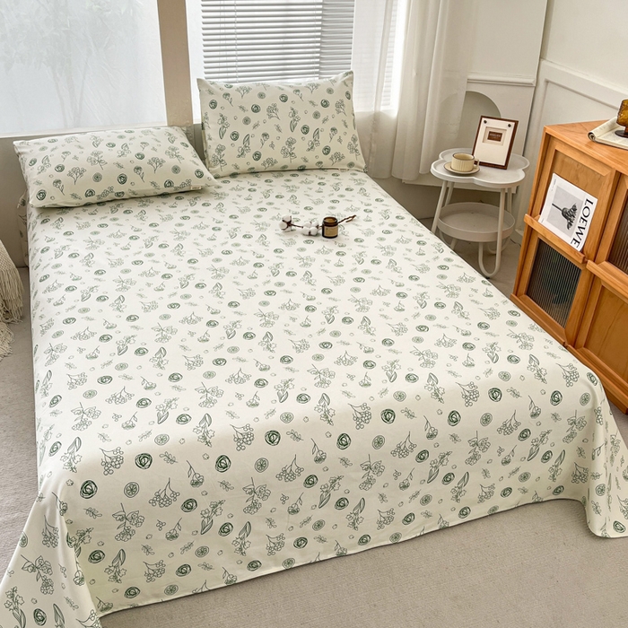 91家纺网 家纺一手货源 找家纺 咏绒家纺工厂店 2025新款100全棉纯棉老粗布花卉系列无印系列单品床单三件套【有版权】 花样爱情-绿