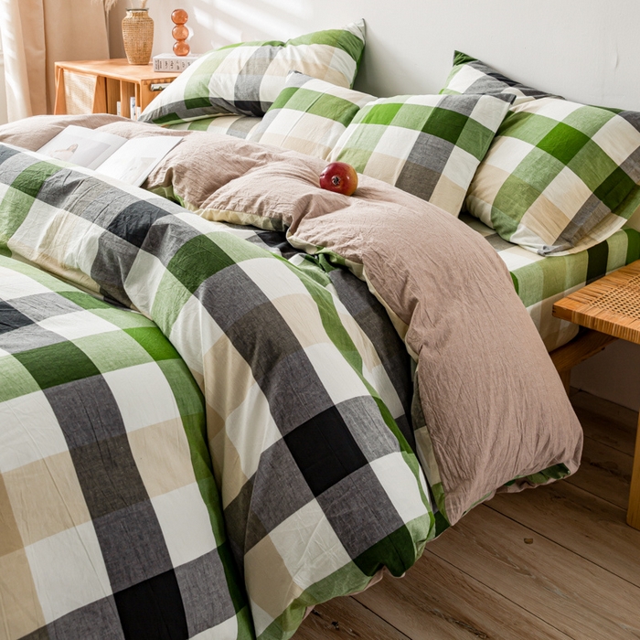 咏绒家纺工厂店 2025新款A类色织水洗棉四件套 海青鲜绿格