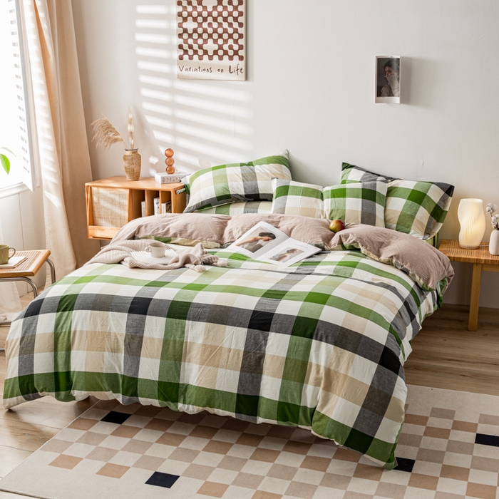 91家纺网 家纺一手货源 找家纺 咏绒家纺工厂店 2025新款A类色织水洗棉四件套 海青鲜绿格