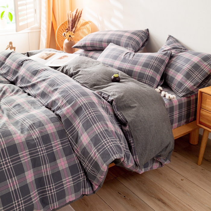 咏绒家纺工厂店 2025新款A类色织水洗棉四件套 灰粉格