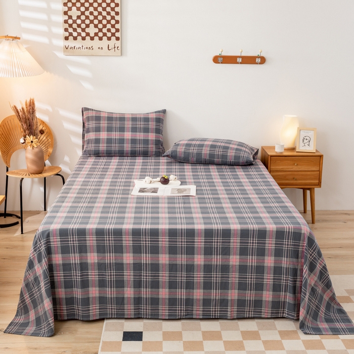 91家纺网 家纺一手货源 找家纺 咏绒家纺工厂店 2025新款A类色织水洗棉四件套 灰粉格