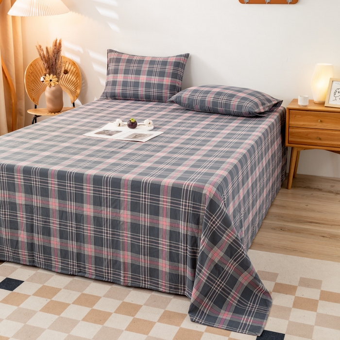 91家纺网 家纺一手货源 找家纺 咏绒家纺工厂店 2025新款A类色织水洗棉四件套 灰粉格