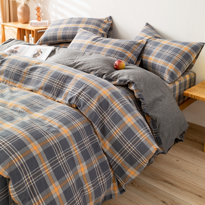 91家纺网 家纺一手货源 找家纺 咏绒家纺工厂店 2025新款A类色织水洗棉四件套 灰桔格