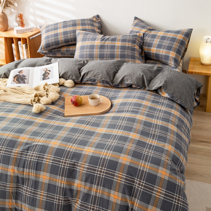 91家纺网 家纺一手货源 找家纺 咏绒家纺工厂店 2025新款A类色织水洗棉四件套 灰桔格