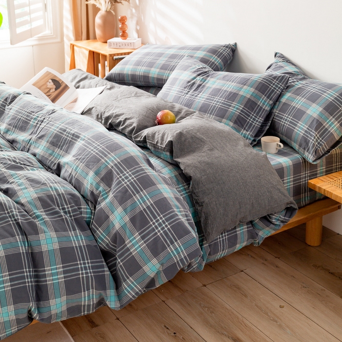 咏绒家纺工厂店 2025新款A类色织水洗棉四件套 灰绿格