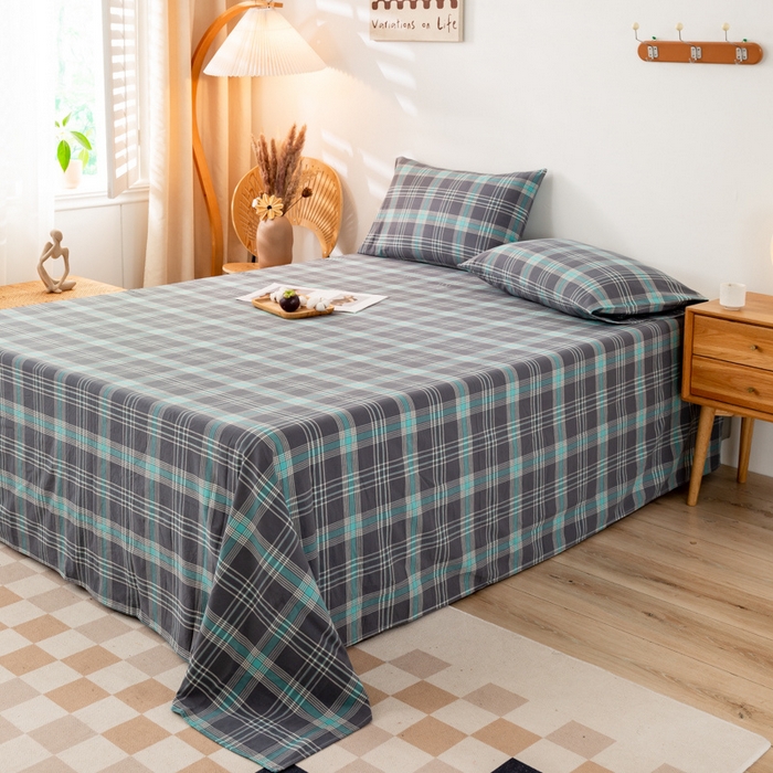 91家纺网 家纺一手货源 找家纺 咏绒家纺工厂店 2025新款A类色织水洗棉四件套 灰绿格