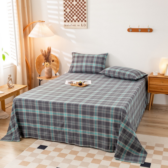 91家纺网 家纺一手货源 找家纺 咏绒家纺工厂店 2025新款A类色织水洗棉四件套 灰绿格