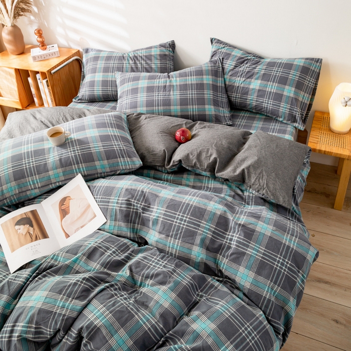 91家纺网 家纺一手货源 找家纺 咏绒家纺工厂店 2025新款A类色织水洗棉四件套 灰绿格