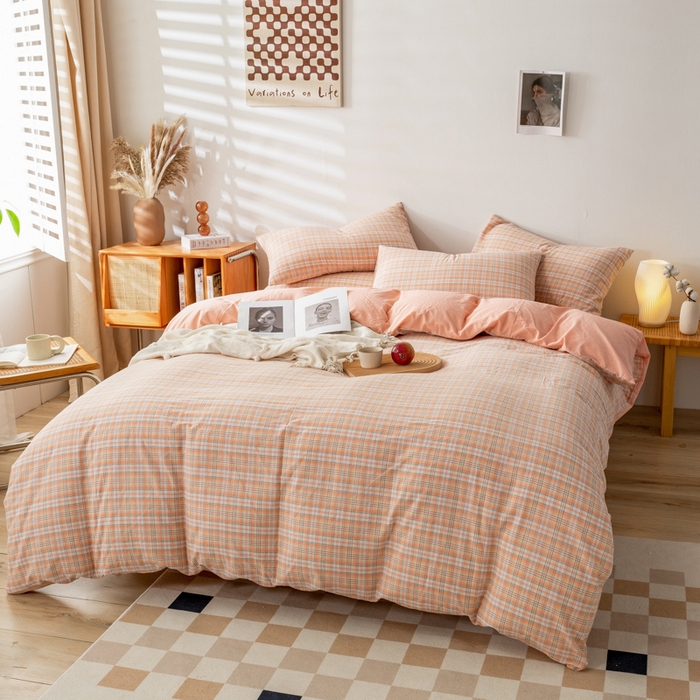 91家纺网 家纺一手货源 找家纺 咏绒家纺工厂店 2025新款A类色织水洗棉四件套 凯利桔